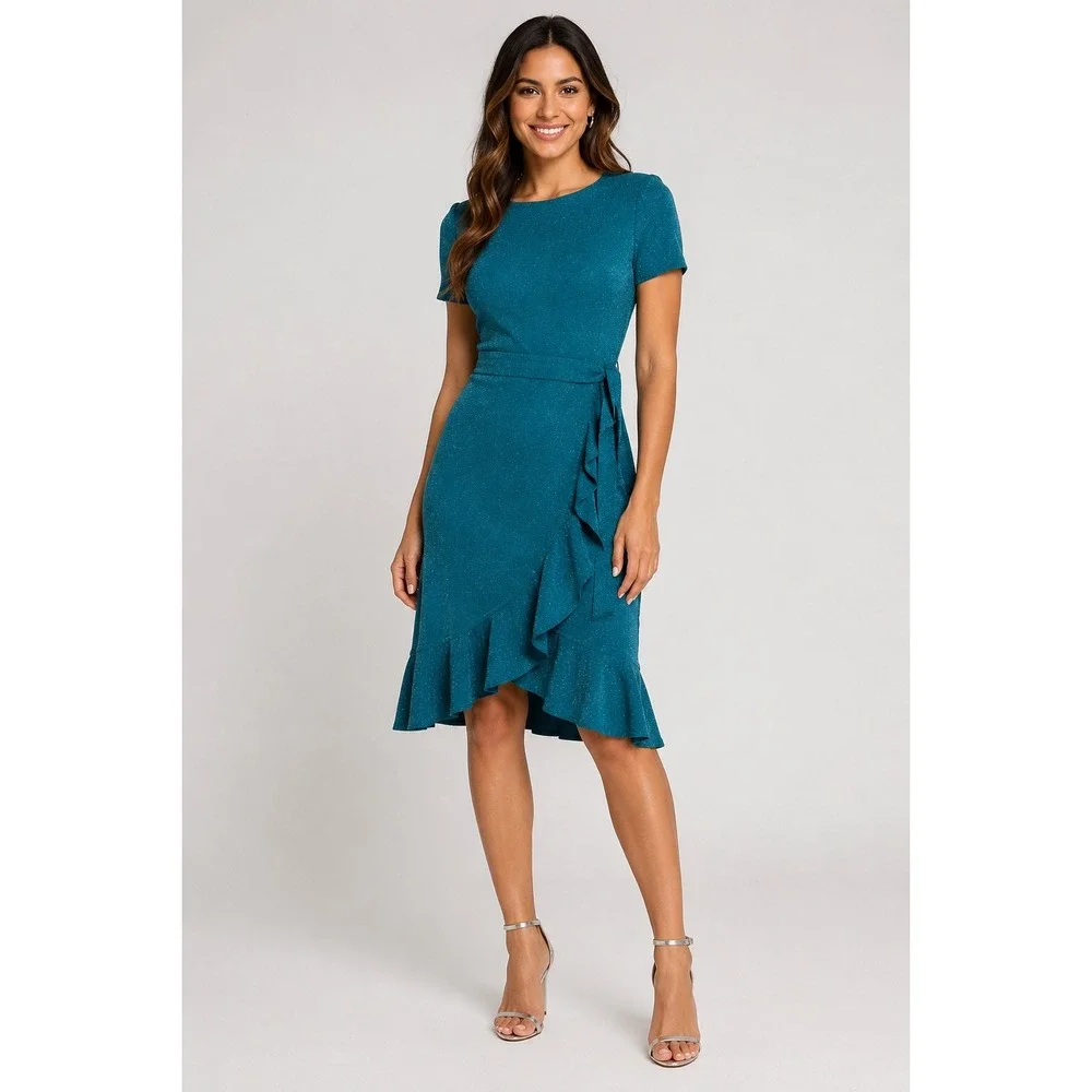 Calvin Klein Teal Shimmer Faux Wrap Ruffle‎ Cocktail Dress Size 6